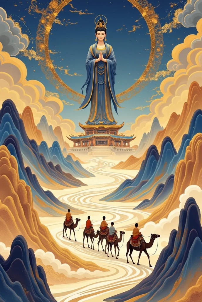 Dunhuang art style illustration 敦煌艺术风格的插画
 a camel caravan crossing the desert 驼队穿越大漠
Dunhuang architecture 敦煌建筑
A silhouette of a giant Guanyin statue in the background 背后巨大的观音像
 nestled in continuous rolling ripples被连续起伏的涟漪包围
 extremely delicate brushstrokes, soft and smooth 采用极其细腻的笔触，柔软流畅
 indigo and amber 靛蓝和琥珀色
 background covered with auspicious cloud patterns painted on gold foil 背景是用金箔绘制的祥云图案