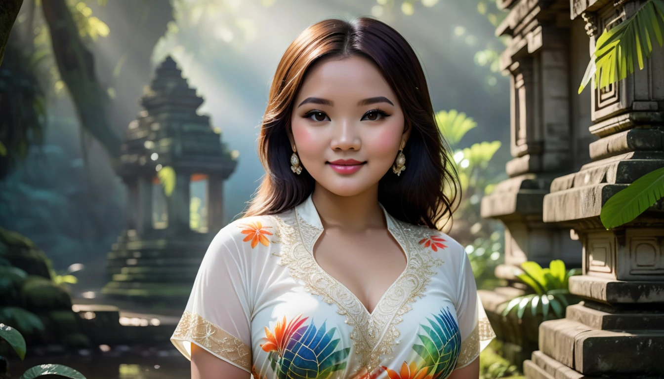 **"A beautiful young plus-size Indonesian girl, HALF body pose, smiling softly, posing by an ancient stone temple surrounded by jungle. (((She wears vibrant batik skirt and white blouse))), her soft body illuminated by moonlight with god rays casting through the garden's lush greenery and river landscape. The scene features her detailed symmetric face, white skin, big breasts, big belly with a belly piercing, and a peaceful expression. The photorealistic background includes intricate details of the serene environment, ambient occlusion, and an ultra-realistic, 8K aesthetic. The camera begins with a medium close-up of her iconic face, slowly pulling back to reveal her soft, curvy figure and the stunning cosmic setting."**