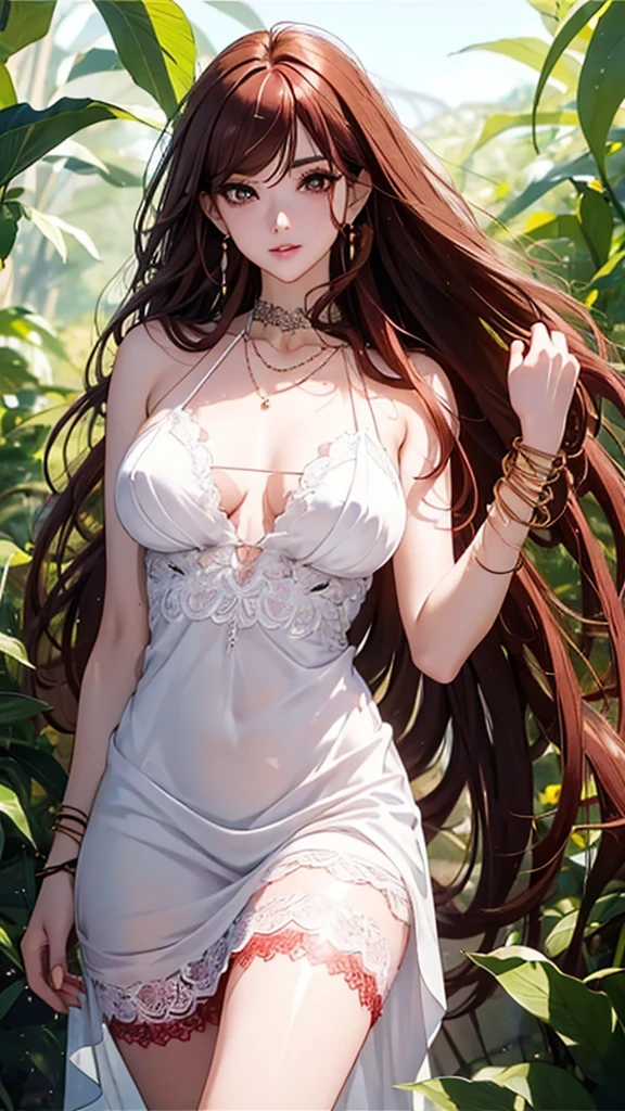 A masterpiece of the highest order, ultra high precision, ultra high image quality, 8K quality, realistic anime style, a woman, a perfect woman with the best anatomical and ergonomic face and body, a well-proportioned face and body, (((Long hair:1.3))), (((shiny red hair:1.2))), (((very long bangs:1.2))), a slim face, ((narrow deep clear Yellow eyes:1.2)), (((deep glossy and shining eyes))), (((eyes with highlights))), (((very long eyelashes))), thin red lips, a tall and slender body, (very large and heavy breasts:1.4), tight waist, large hips, white skin, moist and lustrous skin, (((Sexy White Lace Dress:1.2))), (((large earrings, Pearl necklaces, bangles, rings))), (((beautiful smile))), mysterious atmosphere, great presence, ((upper body, sexy pose))
