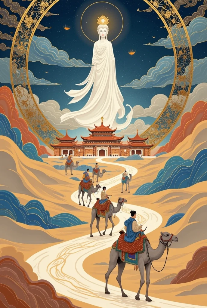 Dunhuang art style illustration 
 a camel caravan crossing the desert
Dunhuang architecture
A silhouette of a giant Guanyin statue in the background 
 nestled in continuous rolling ripples
 extremely delicate brushstrokes, soft and smooth 
 indigo and amber 
 background covered with auspicious cloud patterns painted on gold foil 