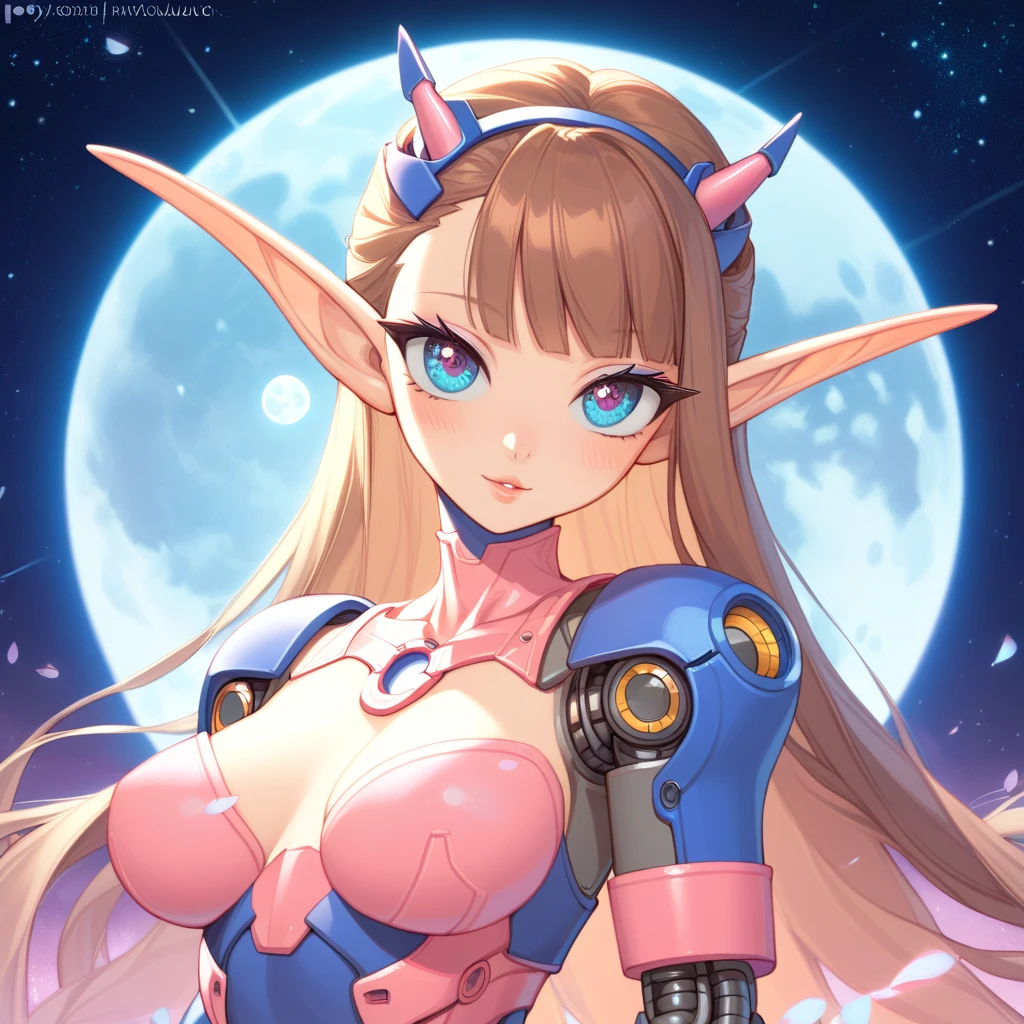 score_9, score_8_up, score_7_up, ((Masterpiece)), ((highres)), (1girl), a detailed cyborg girl, long brown hair, beautiful anime eyes, pink cyborg armor, cyberntic horns, (cyborg joints), defined elf ears, defined eyes, blue iris, long eye lashes, defined nose, curvy, wide hips, breasts, slim waist, hands to the sides oif her, ((pastel moon background))), bust shot