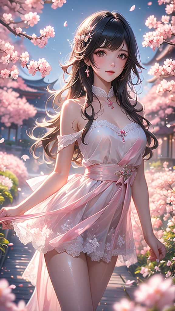 (:1.5),Lace,ribbon,(masterpiece, sidelighting, 精致beauty的灰色眼睛: 1.2), Medium chest,  actual ,  sparkling eyes ,Shiny Hair, dark hair , long hair ,  smooth skin,  unique , Awkward, Strapless,Beautiful,beauty,garden,Flowers, Flying Petals, Bare Legs, Cherry blossoms,  movie lights from the waist,  cinematic composition, Rich expression