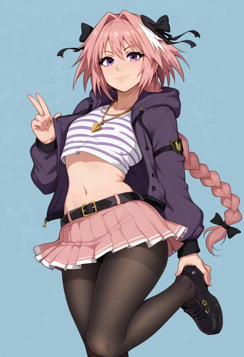 1boy, Astolfo, curvy, femboy, tomgirl, pink hair, single braid, hair bow, hair ribbon, necklace, white-purple striped shirt, hood, jacket, purple jacket, navel, belt, skirt, pantyhose, purple footwear, ass