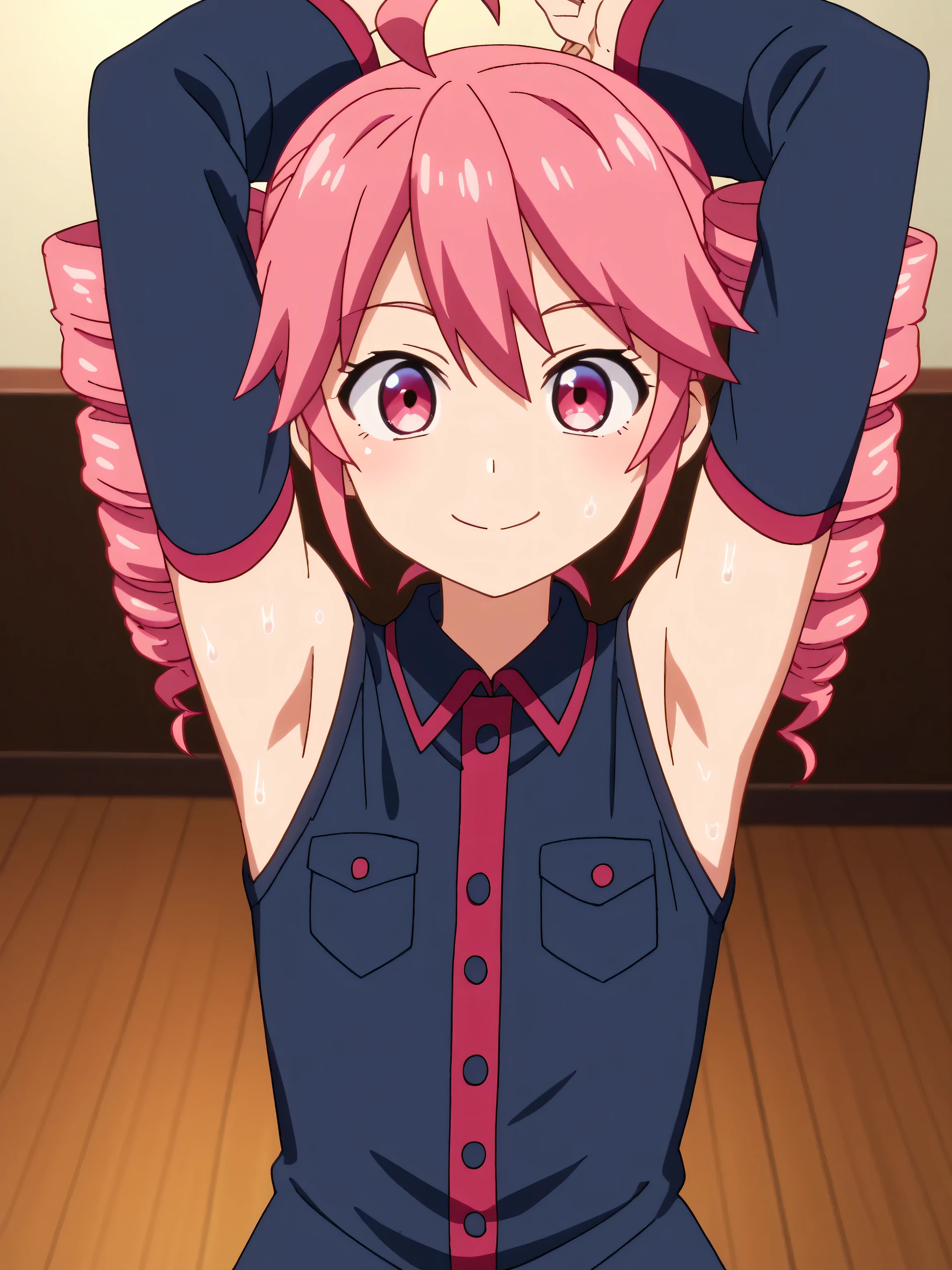 score_9, score_8_up, score_7_up, source_anime, anime screencap, 1girl, solo, teto kasane, ahoge, pink eyes, drill hair, pink hair, detached sleeves, shirt, black shirt, collared shirt, arms up, raised arms, armpits, from above, looking at viewer, head towards viewer, smile, closed mouth, badhandv4, indoors, on stage, sweaty 