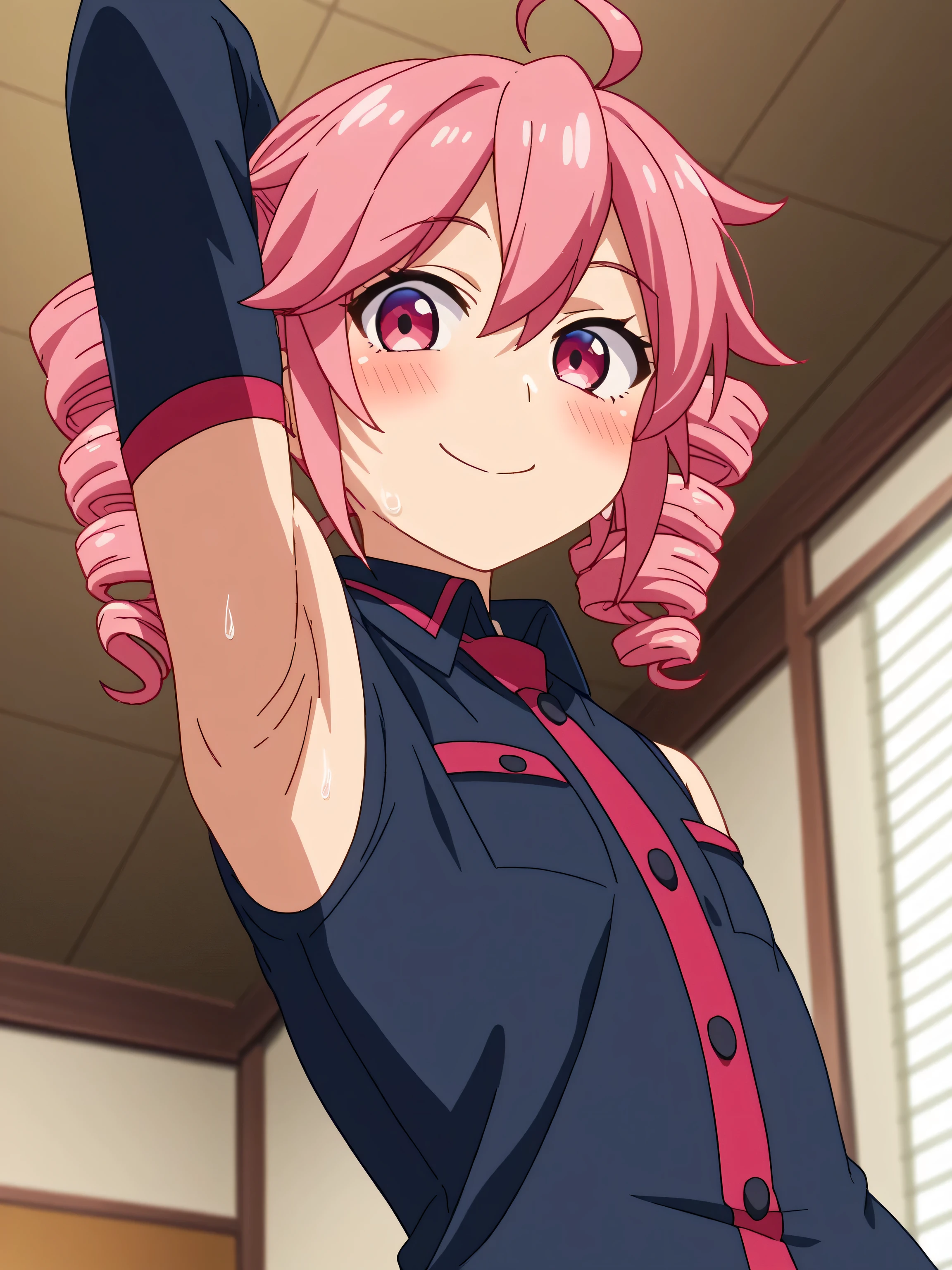 score_9, score_8_up, score_7_up, source_anime, anime screencap, 1girl, solo, teto kasane, ahoge, pink eyes, drill hair, pink hair, detached sleeves, shirt, black shirt, collared shirt, arms up, raised arms, armpits, from above, looking at viewer, head towards viewer, smile, closed mouth, badhandv4, indoors, on stage, sweaty 