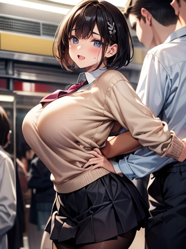 NSFW、(masterpiece, Highest quality:1.2), 1 girl, (Tabletop, Highest quality:1.2), 8k, , (Big Breasts),85mm, Official Art, RAW Photos, Bright lighting、White dress shirt, Cute Face, close, beautiful girl, (Navy Pleated Skirt:1.1), Long sleeve、Roll up your sleeves,blue eyes、Brown short hair、Looking at the audience, (Crying:1.2), Sharp focus, Face Light, Bright lighting, Detailed face, ((Inside the Yamanote Line、crowded train)),(((Sweat)))、(((Sweat染み、Clothes get wet)))、(((Body odor)))、(((body odor)))、((Angle from below、Angles that look like peeking out from below))、(((A large amount of love juice overflows from the vagina)))、((To the tips of the feet))、(((Open legs while standing、Roll up your skirt、Spread your legs、The vagina is completely visible、Touching the vagina)))、Nipples、(((pubic hair)))