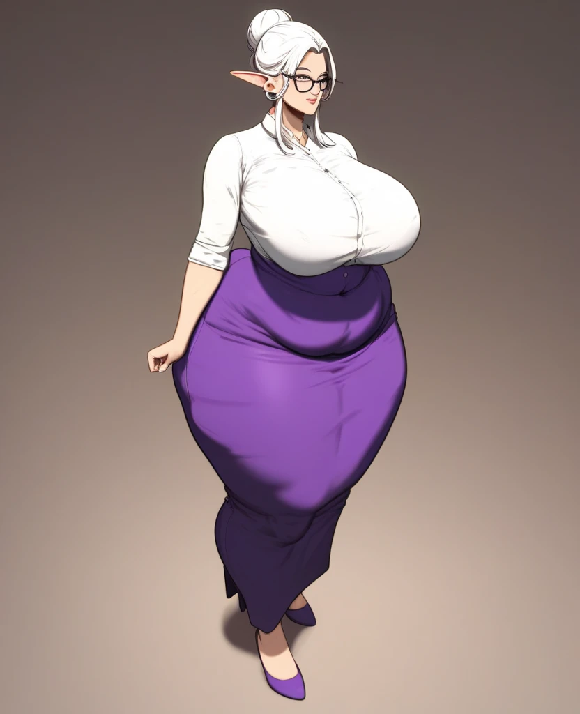  huge breasts, huge thighs, thick thighs, juciy thighs, standing, full body image ,elf? 1girl, mature elf woman, white hair, hair bun, glasses, purple skirt, long skirt, white shirt, no background, D-ART, D-ART Style,