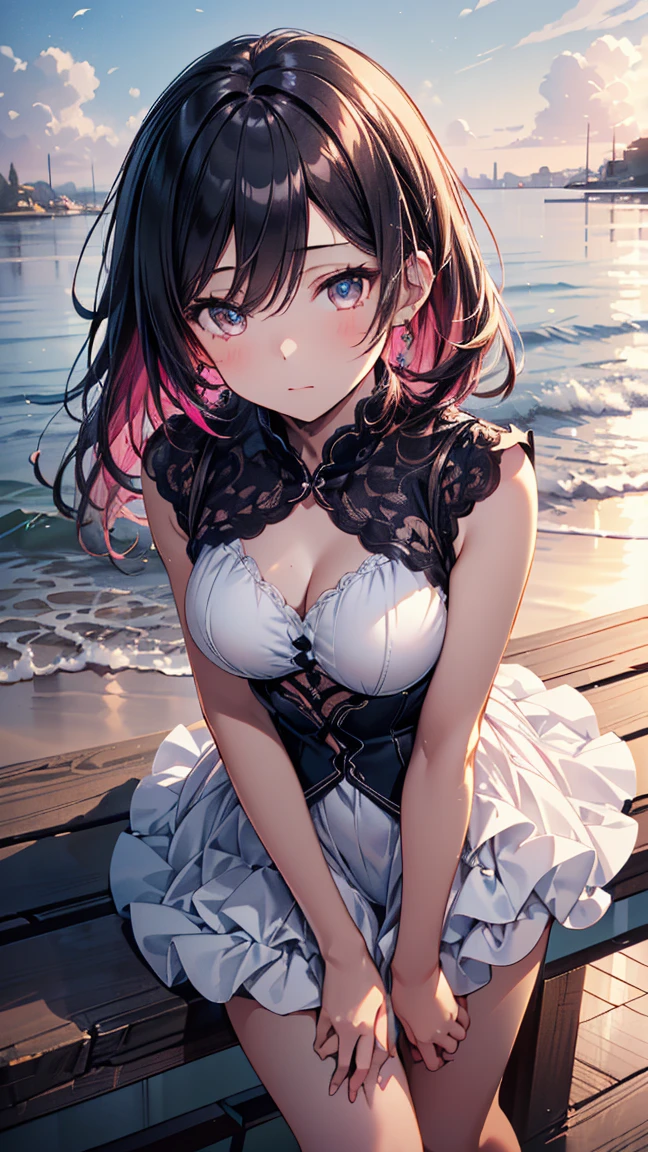 masterpiece, absurdres, best quality, ultra detailed, high Resolution, detailed illustration, extremely beautiful detailed face and eyes, bright colour, 1girl, (loli), cute face, Delicate beautiful face, magenta eyes, cute eyes, sparkling eyes, big eyes, medium breasts, (perky breasts:1.1), (pointy breasts:1.1), medium hips, glamorous body, white skin, smile, BREAK, long bob cut, (blonde hair:0.8), messy hair, detailed hair, shiny hair, BREAK nsfw, tiny ribbon, bikini, at beach, real world, natural lights, perfect lighting,