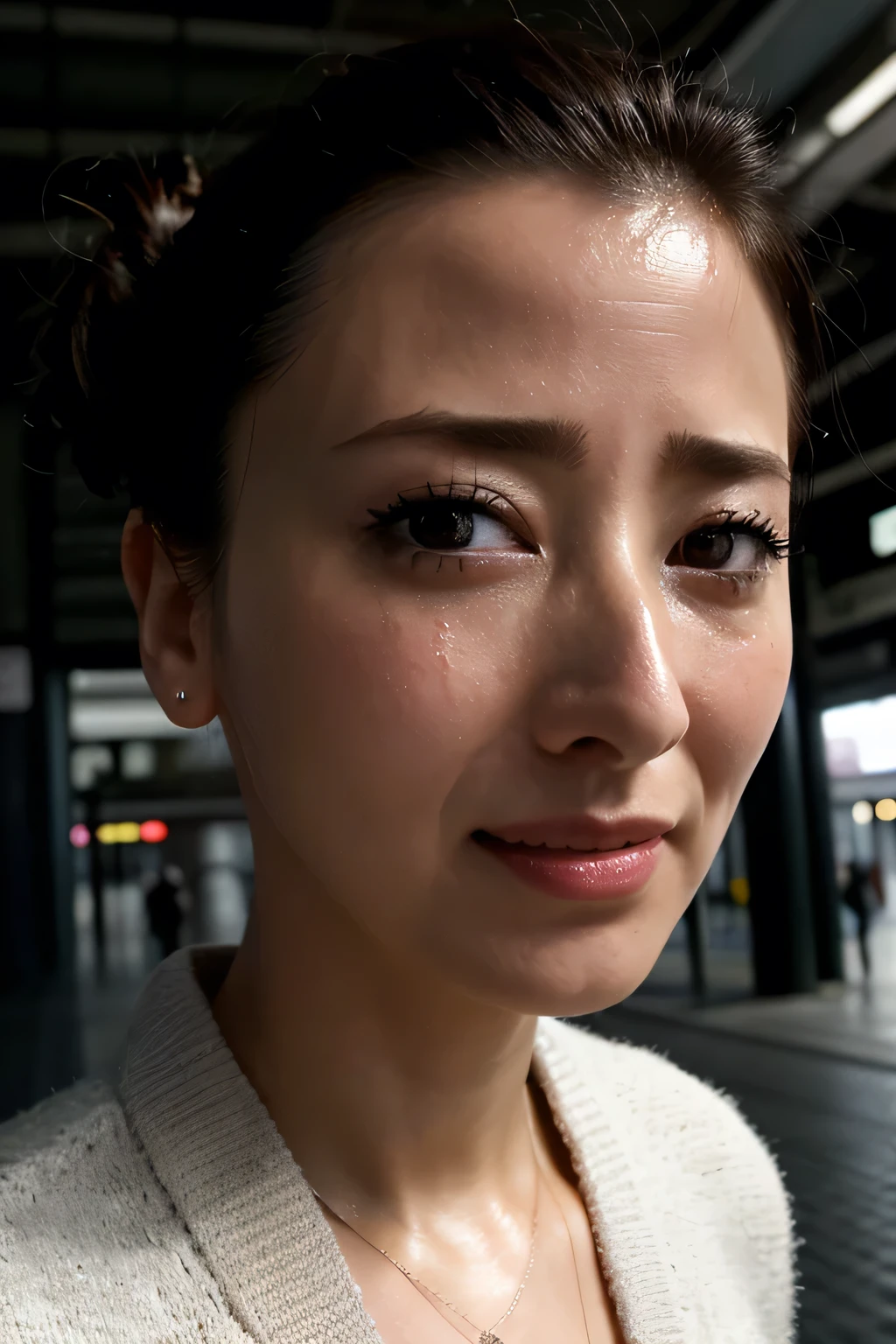 beautiful Japanese actress、 1 girl,Flying debris,,Award-winning photo, very detailed, face focus , big double eyes( Woman Who Open Her Mouth and Close Her Eyes ), 1、 black hair 、 shiny skin、( face close-up)、,Squat、(( Random Color Open Cardigan))、Big Breasts、(Sharp Nose)Frowning performance :1.4,, performance ,Frowning, Please raise your head、Sweaty skin, oily skin ,Hair tied up,、Sweaty skin、Wet transparent fabric,My whole face is sweaty,A face enduring intense pain、Screaming face, Please open your mouth wide and shout ,((On top of women,vagina, sex,))(( Hyperrealistic )),Lift your head,Tamsin Egerton,(( face close-up))、Tokyo Station Platform 、Standing facing a wall, Fine Textured Beautiful Skin , smooth skin,