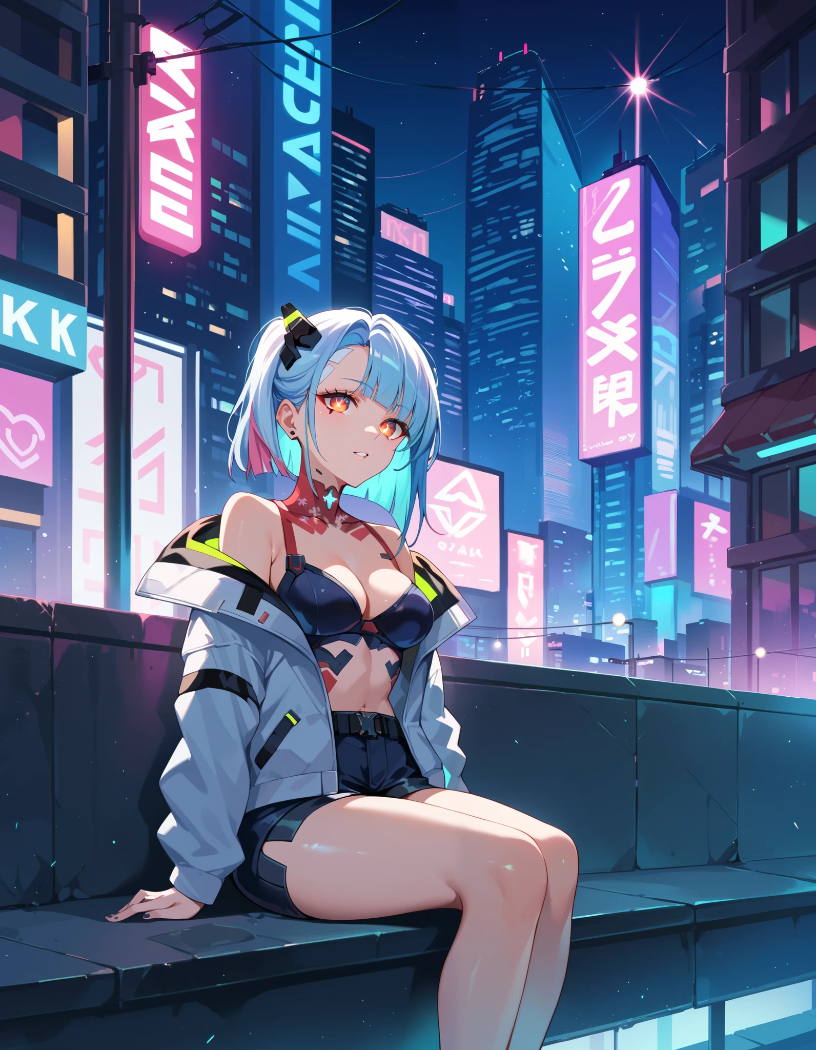 1 rapariga, short-hair,illustratio, natta, On top of the building, neons, Energy Drinks, Vivid Color,huge tit