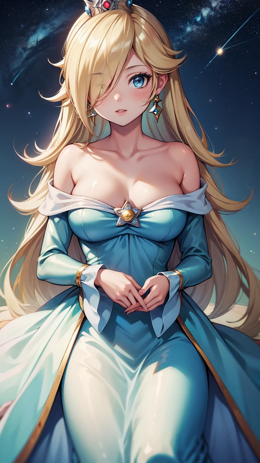 (masterpiece,best quality,ultra-delicate,Perfect Face,16k,very detailed eyes,high resolution )),princesa rosalina, blue dress, big breasts, adult body, starry sky, semblante angelical
