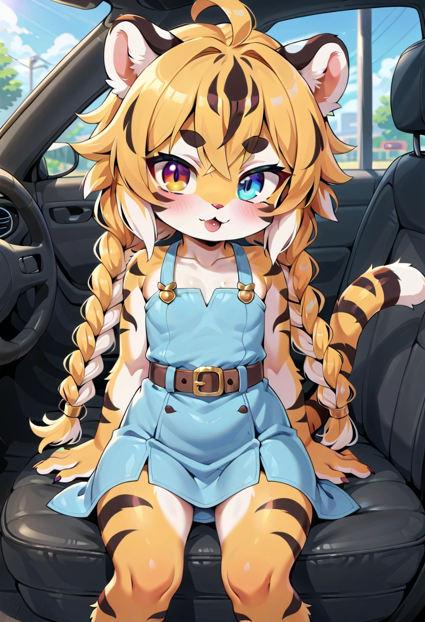 masterpiece, high resolution, best quality, (furry tiger girl, baby body, baby height, flat chest, animal face, animal skin, animal fur, tiger ears, tiger tail), heterochromia, multicolored hair, twin braids, piercing, makeup, tattoo, sitting in a car, police dress, public