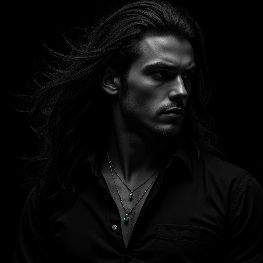 (Extreme Close-up black and white portrait, side-profile) of a man (with very long black hair that is wild, flowing in the wind, he has an intense and focused expression). He wears a (black button-up shirt with a few silver buttons undone), each detail catching subtle highlights, adding depth to the darkness. He wears a necklace featuring a (delicate emerald gemstone pendant). (His chiseled features are accentuated by shadows, emphasizing a strong, stoic gaze). The (background is pitch black, making him the focal point), with a dramatic, cinematic lighting style enhancing the raw intensity of the scene.