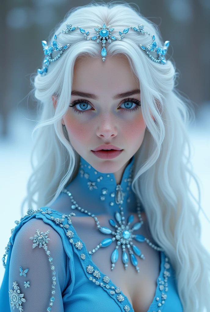 Snowpunk ice Queen, icey full lips, frosted glittery skin is glistening and sparkling, detailed winter features like snow and ice blue hair,epic cleavage (100e size) cinematic lighting, by anna dittmann, digital painting, extreme detail, 120k, ultra hd