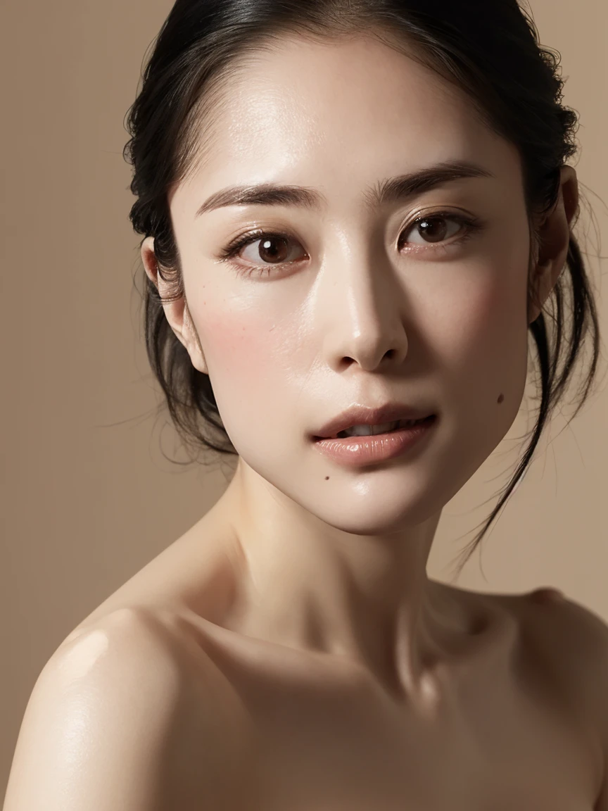 (In 8K、RAW photo、highest quality、realistic、Photoreal, look at the camera, light shines on your face, gray background, upper body shot), 30 year old female living in Japan、beautiful japanese woman, short hair, black haired, plump facial contours:1.5, (thin eyebrows:1.25), big shining eyes, small nose, Soft mouth, physically thin, (dress),  (embarrassing,blush:1.3)