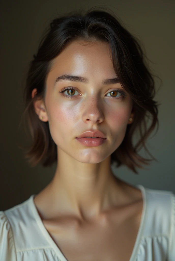 Une femme cheveux châtains yeux bleux debout nue. Ultra realistic and detailed 4K image