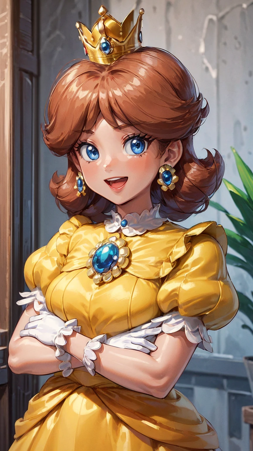 ((high detailed, best quality, 4k, masterpiece, hd:1.3)), dsy, blue eyes, yellow dress, brooch, puffy sleeves, short sleeves, smile, open mouth, energetic, joyful, smooth skin, gloves, earrings, crown, dark tan skin, upper body, close-up, outside, crossed arms