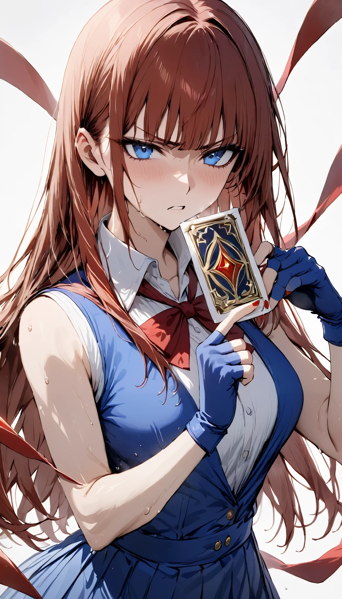 Female duelist holding one card, hands holding card, , {{masterpiece}}, {{{Highest quality}}},{{Very detailed}},white sleeveless shirt, blue skirt,long fingerless gloves, red nails,hand,yu-gi-oh!,Straight hair,Long hair ,Red Hair, blunt bangs,blue eyes,One card,Beautiful thighs,Sweat, tension, blue vest,red ribbon,(((white background))),