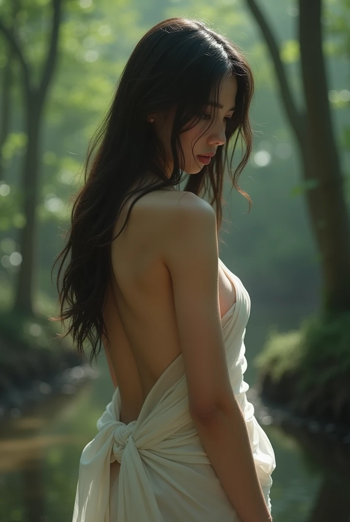 Best quality, only one person, One gorgeous brunet woman with long wavy hair wearing a very short and very tight white wool virgin killer sweater, the sweater is cut very low in the back and shows a lot of skin on the side, 23 years old, she is a playboy magazine model, her hands are out of the camera frame, looking over shoulder, beautiful face, very small buttox, small ass, slender figure, slender legs, wet vagina, shiny vagina, full shot, canon 85 mm, Light depth of field, perfect fit body, extreme details , UHD, wearing no underwear, ass showing, buttox showing, shiny skin, slender thighs, wet inner thighs ,very small hips, perfect lips, perfect face, in a fantasy forest