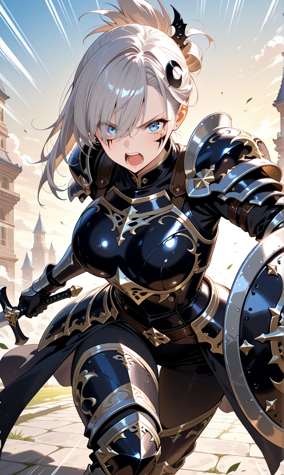 1girl, knight armor, breast plate, shoulder pad, short short, silver with black armor, metal gloves, blade and shield, shouting, dynamic pose, tracking shot, serious, powerful, asymmetrical hair, folded ponytail, hair over eyes, hair strand, crescent hair ornament, facepaint, mole under eye, motion blur,awe,very aesthetic, masterpiece, high quality, 4K UHD