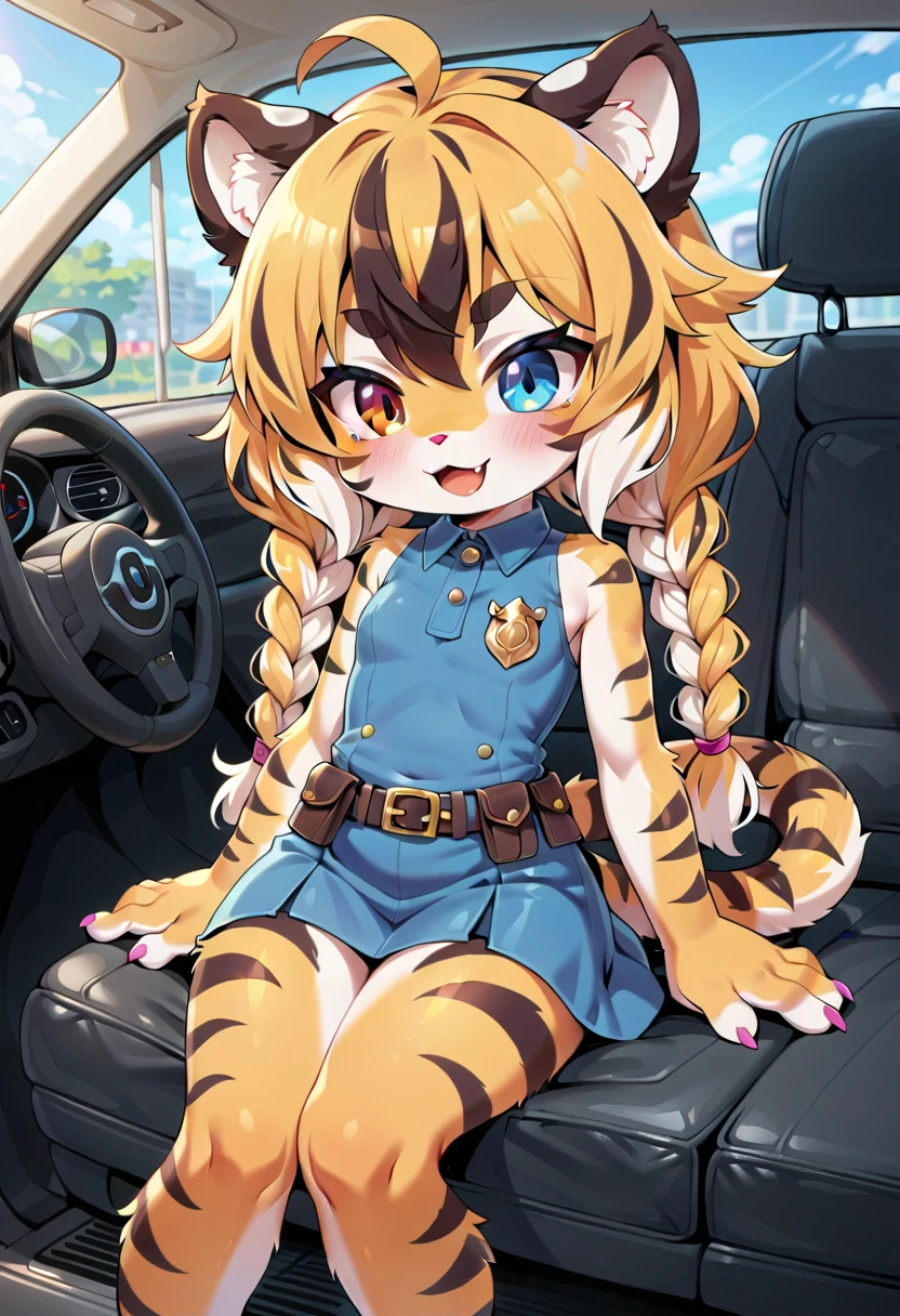 masterpiece, high resolution, best quality, (furry tiger girl, baby body, baby height, flat chest, animal face, animal skin, animal fur, tiger ears, tiger tail), heterochromia, multicolored hair, twin braids, piercing, makeup, tattoo, sitting in a car, police clothes, skirt, public