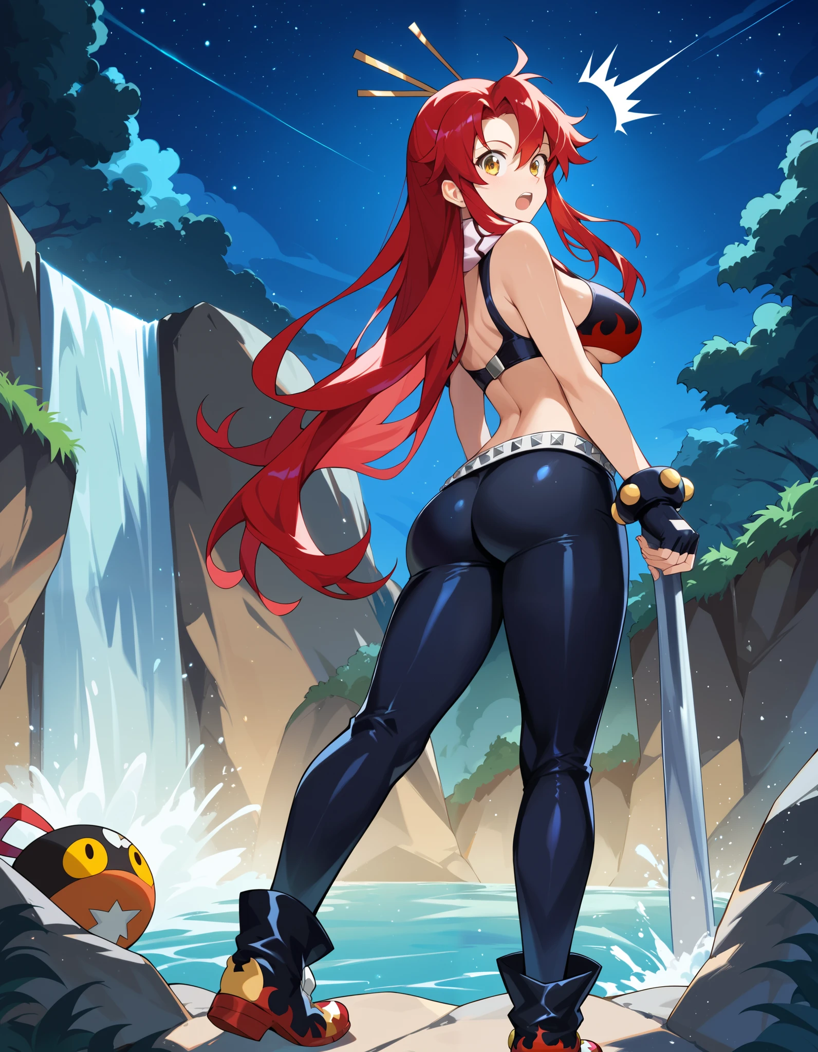 score_9, score_8_up, score_7_up, rating_safe, BREAK, night, dark, waterfall, yoko_littner, tengen_toppa_gurren_lagann, 1girl, red_hair, yellow_eyes, ass, looking at viewer, surprised