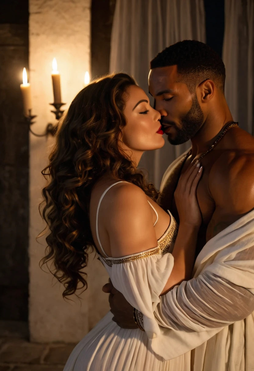 a beautiful couple, a woman with argentine features and pale skin, a very handsome man with dark skin, interracial couple, woman looking at camera and smiling, couple in romantic room setting, dramatic lighting, cinematic atmosphere, high quality, hyper realistic, photorealistic, masterpiece, 8k, ultra detailed, sharp focus, physically based rendering, vibrant colors, dramatic lighting, intimate moment, romantic, tender, beautiful skin tones, stunning eyes, captivating expressions