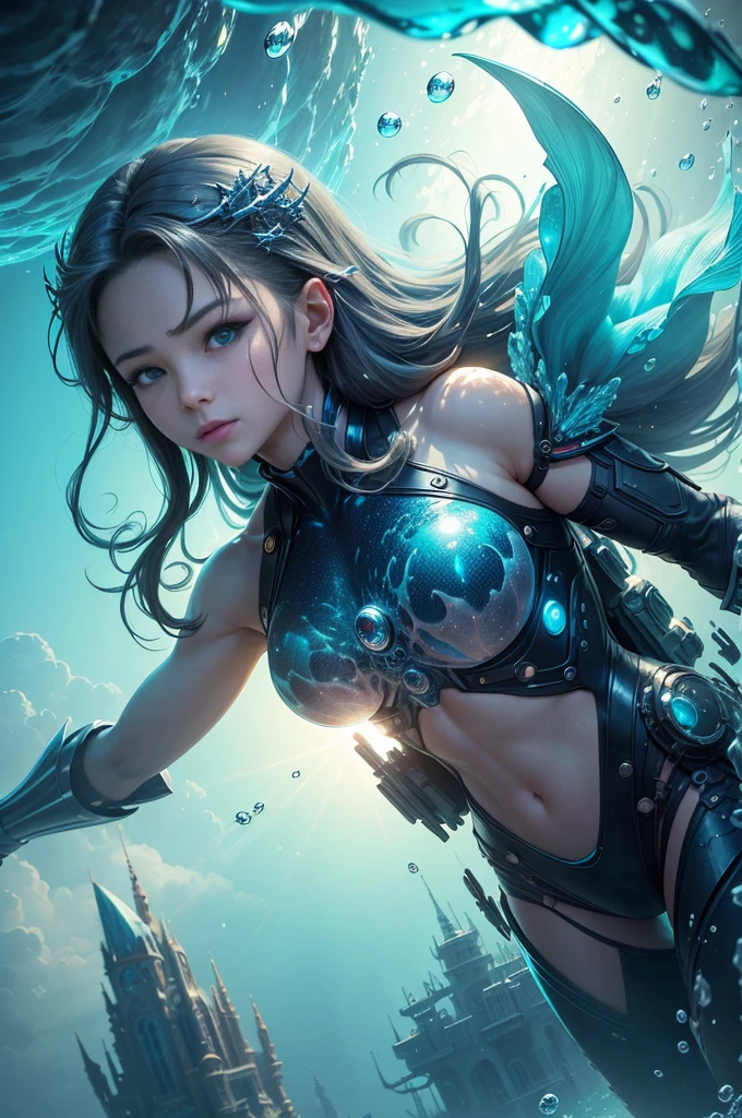high details, best quality, 8k, [ultra detailed], masterpiece, best quality, (extremely detailed), full body, ultra wide shot, photorealistic, fantasy art, dnd art, rpg art, realistic art, an ultra wide picture of a female human (1.5 intricate details, Masterpiece, best quality) goddess of water  ((watery radiant aura)), controlling a swirling streams of watery magic (1.5 intricate details, Masterpiece, best quality), manipulating purple radiant magical symbols, [[divine symbols]] (1.5 intricate details, Masterpiece, best quality), human female, blue  hair, long hair with aura, hair with green radiant eyes, intense eyes, holding a trident, ((radiant eyes)), (( green glowing eyes)), dynamic clothing, fantasy sea background, stresms of sea water,  celestial  background, ((divine worship atmosphere)), high details, best quality, highres, ultra wide angle, crystallineAI,