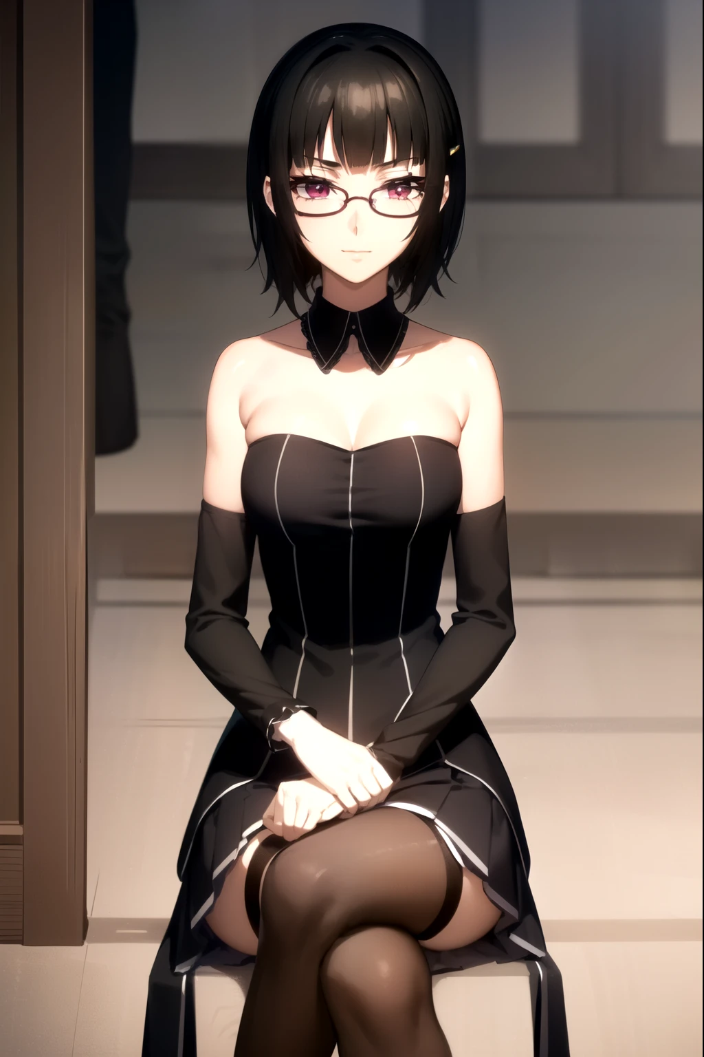 sounasitri, souna sitri,  short hair ,  black hair ,  hair ornament , glasses, hairclip, blows, blunt blows, ( purple eyes:1.1),
( masterpiece:1.2),  The best quality,  High resolution, 8K Wallpaper, ( illustration:0.8), ( detailed and beautiful eyes :1.6),  extremely detailed face , Perfect lighting,  extremely detailed cg , (manos perfectas,  perfect anatomy),  masterpiece ,  The best quality, highres, aajusticia , long hair,  black hair,  dark skin, tan,  bare shoulders,  black dress,  session,  crossed legs , smile irónica, smile, inside