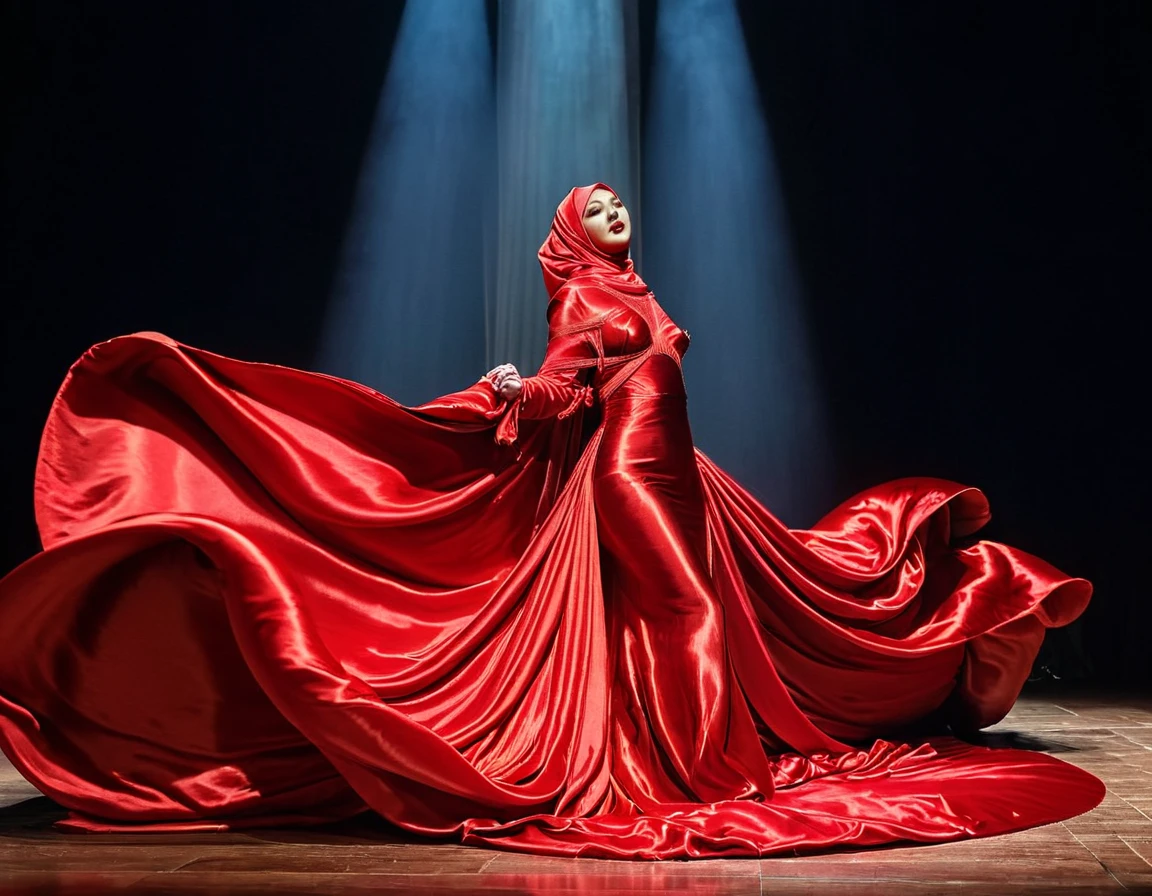 A woman shrouded in a 8-meter-long, plush red satin cloth, tightly bound and grandly draping along the form of her body, flowing off into a pooled floor-length train, styled in a mermaid-inspired outfit with very long train outfit, her head modestly veiled in a satin hijab, tall woman, on stage, sing in front of a microphone stand, a full-body pose conveying a sense of mysterious elegance, captured in a 4k resolution, ultra-realistic