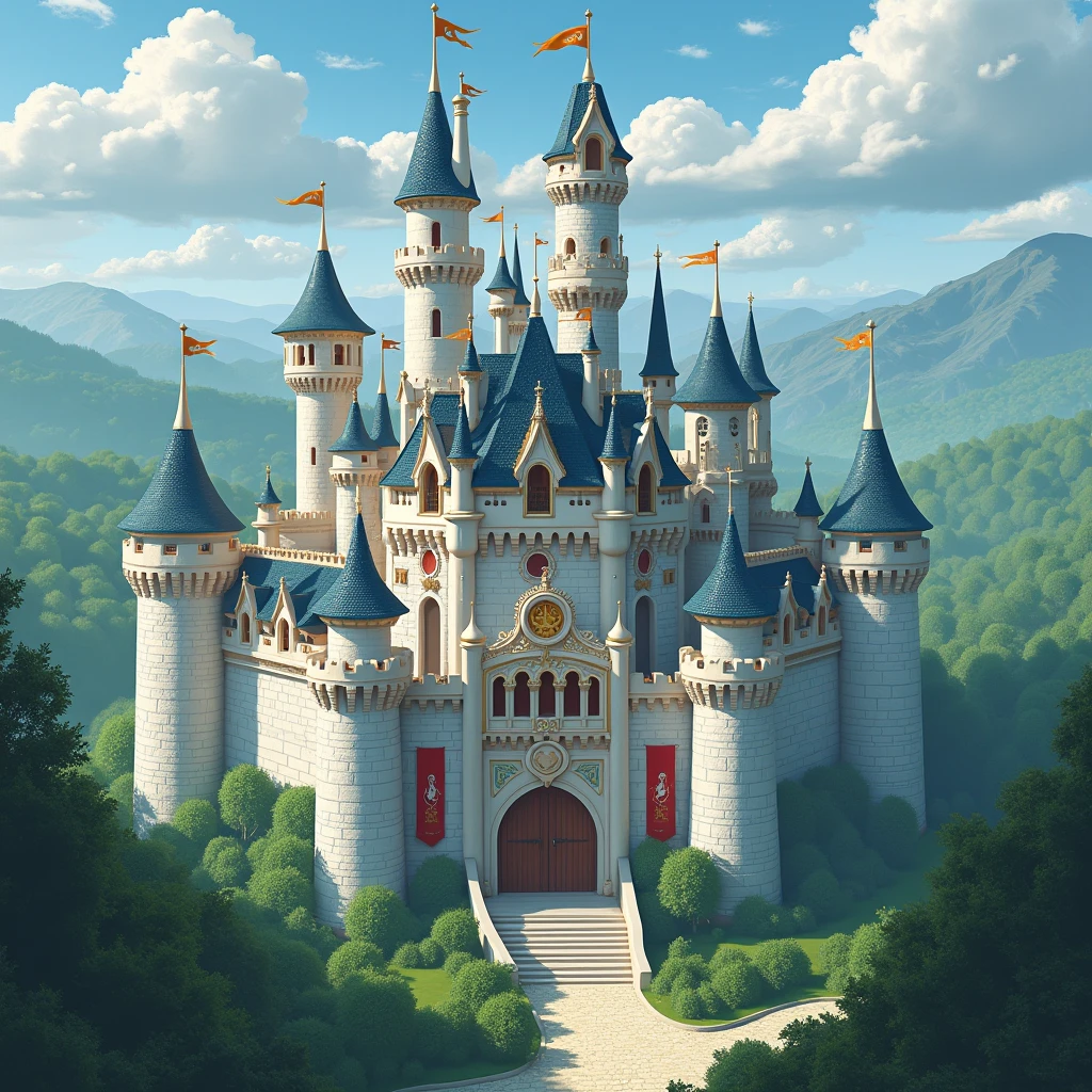 Fantasy,  Beautiful White Brick Castle ,  All Towers Visible Huge Can be seen from afar Around The Forest and the Tower Near the Castle in the Tower The Princess with Long Hair,  beautiful and sexy , Red Flags on the Castle ,  near the Gate The ornament depicting a Bird ,  The Shia coat of arms that hangs above the Great Gate , beautiful picture, masterpiece, 8 k,  Complex Details ,  best quality ,  Maximum Quality, 