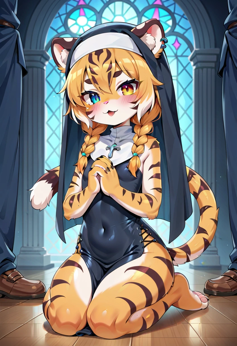 masterpiece, high resolution, best quality, (furry tiger girl, baby body, baby height, flat chest, animal face, animal skin, animal fur, tiger ears, tiger tail), heterochromia, multicolored hair, twin braids, piercing, makeup, tattoo, kneeling, praying in front of the altar, nun dress, public