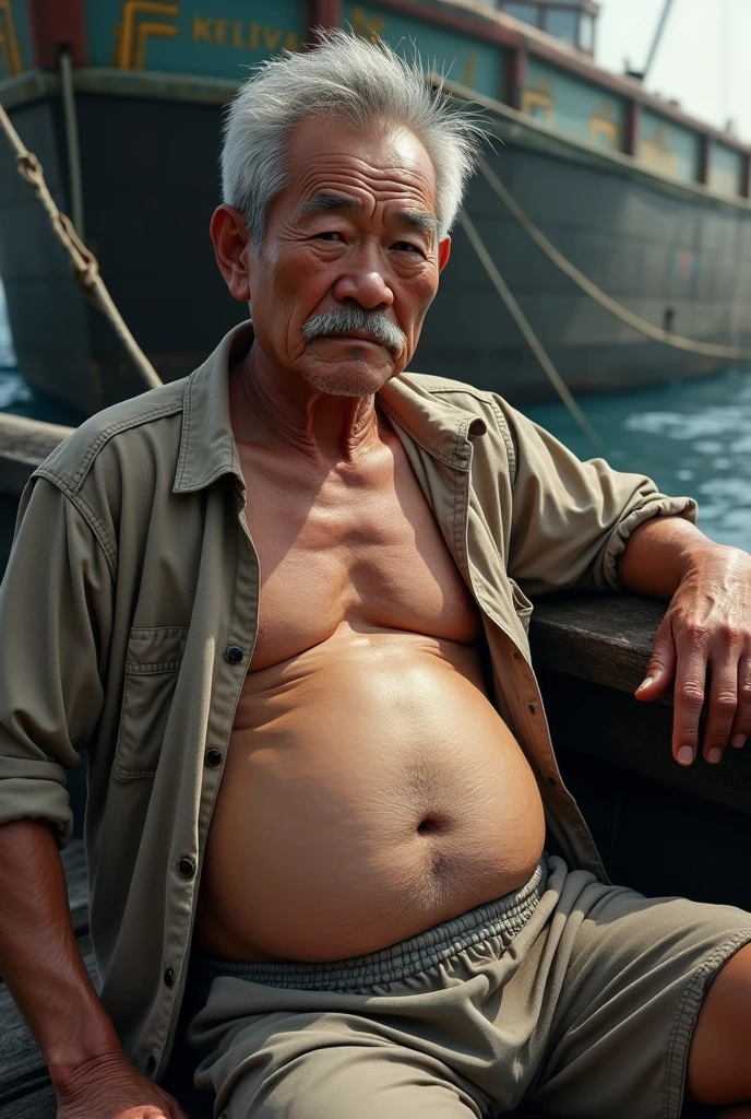 vietnamese grandfather with gray hair, mature face, a thick mustache, a short chin beard, very grey hairy muscular bear body with small protruding nipples, wearing a massive bulging gray jockstraps standing at the beach, have bearish very hairy belly, big very hairy muscular chest, a sexy pose, full body side view
