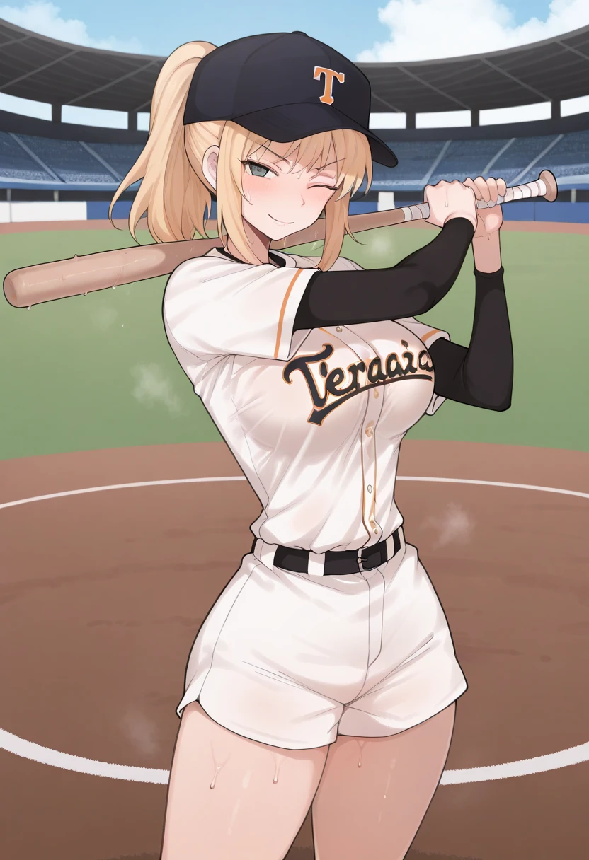 (masterpiece, best quality:1.2), TerasuMC,  1girl, holding a baseball bat, stadium, sweat, cap, baseball uniform, medium breasts, narrow waist, thick thighs, looking at viewer, cowboy shot, dynamic pose, cute, wide shot, solo, sexually suggestive, light smile, one eye closed, angry, (ultra-detailed), very aesthetic, newest, safe, amazing quality, very aesthetic, absurdres, newest, scenery, 