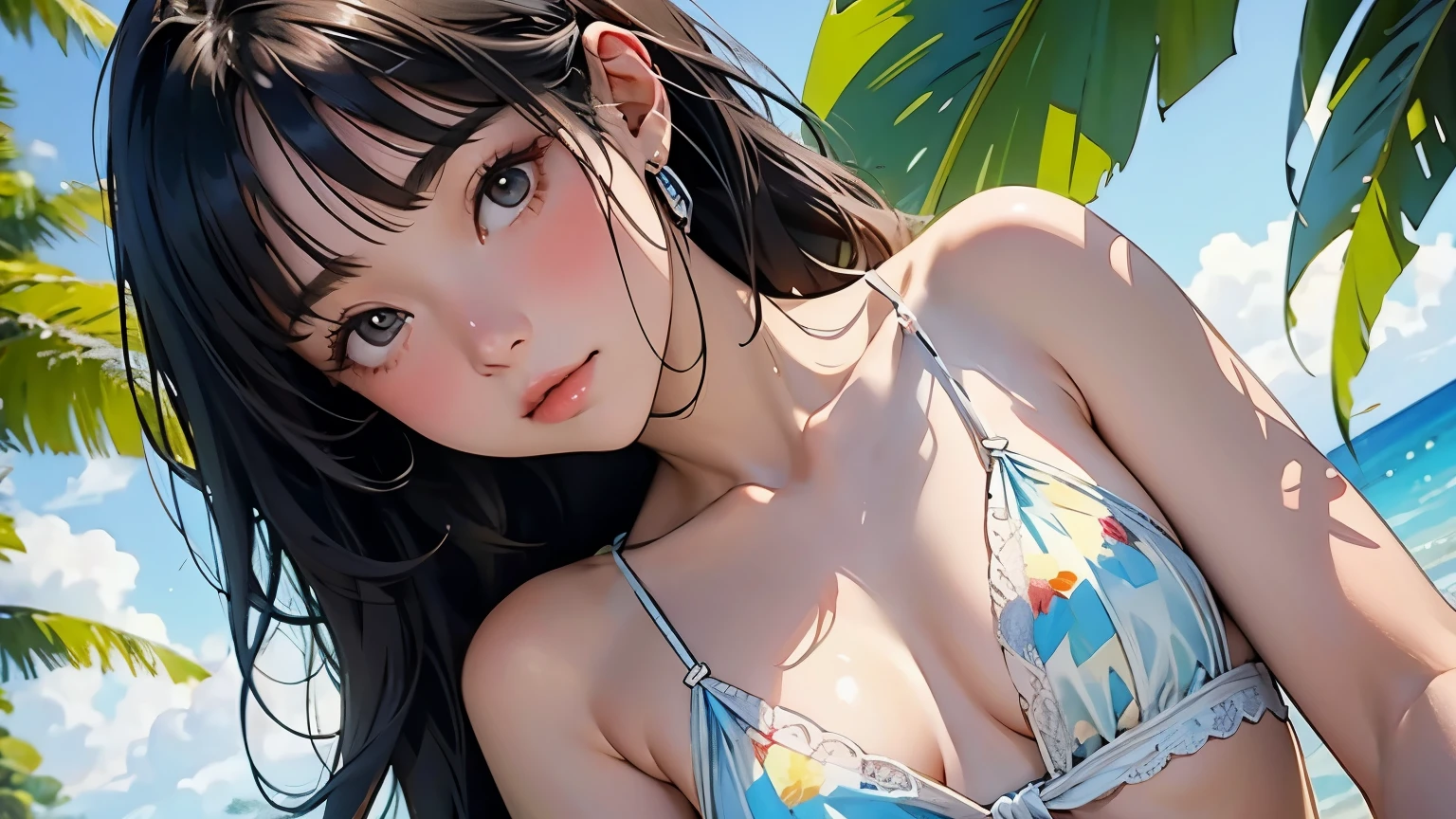 1 female、(Black Hair、Twin tails)、 Gravure idol filming at the beach、(Colorful Bikinis、Shorts)、Sensual look、Sexy pose、((At the beach、tropical))、Composition looking up from below、Dynamic Angle