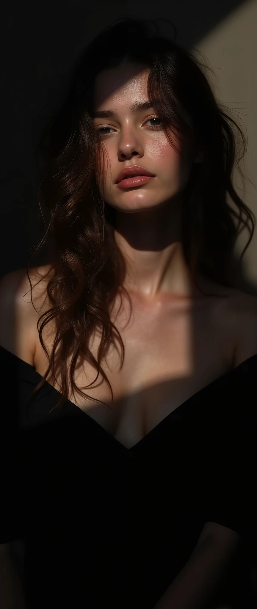 Beautiful swedish woman.  her hands holding and squeezing  her breast enhancing her cleavage. Pushing up her breasts. Huge breasts, small hands.  Short fingers, seductive melancholy expression. Hiper realistic. Night time.

