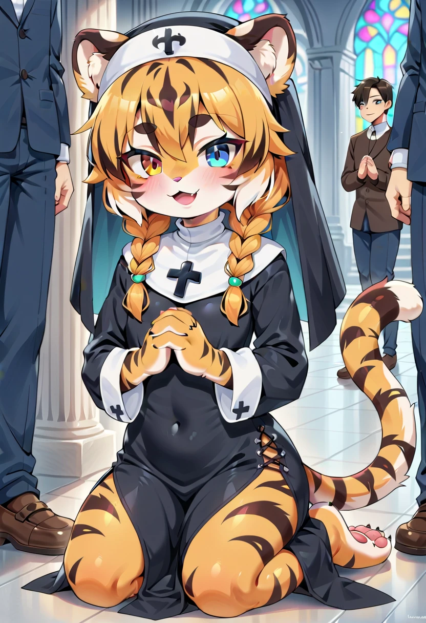 masterpiece, high resolution, best quality, (furry tiger girl, baby body, baby height, flat chest, animal face, animal skin, animal fur, tiger ears, tiger tail), heterochromia, multicolored hair, twin braids, piercing, makeup, tattoo, kneeling, praying in front of the altar, nun dress, public