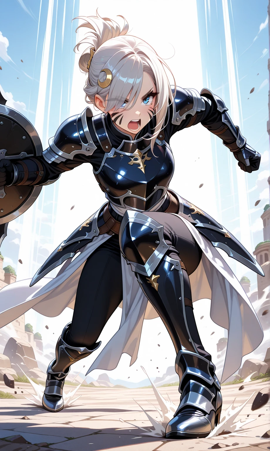 1girl,solo, knight armor, vanity knight helmet, kevlar,breastplate, shoulder pad, short short, (silver, white accents, and black armor), metal gloves, blade and shield, shouting, dynamic pose, tracking shot, serious, powerful, asymmetrical hair, folded ponytail, hair over eyes, hair strand, crescent hair ornament, facepaint, mole under eye, motion blur,awe,very aesthetic, masterpiece, high quality, 4K UHD,absurdres