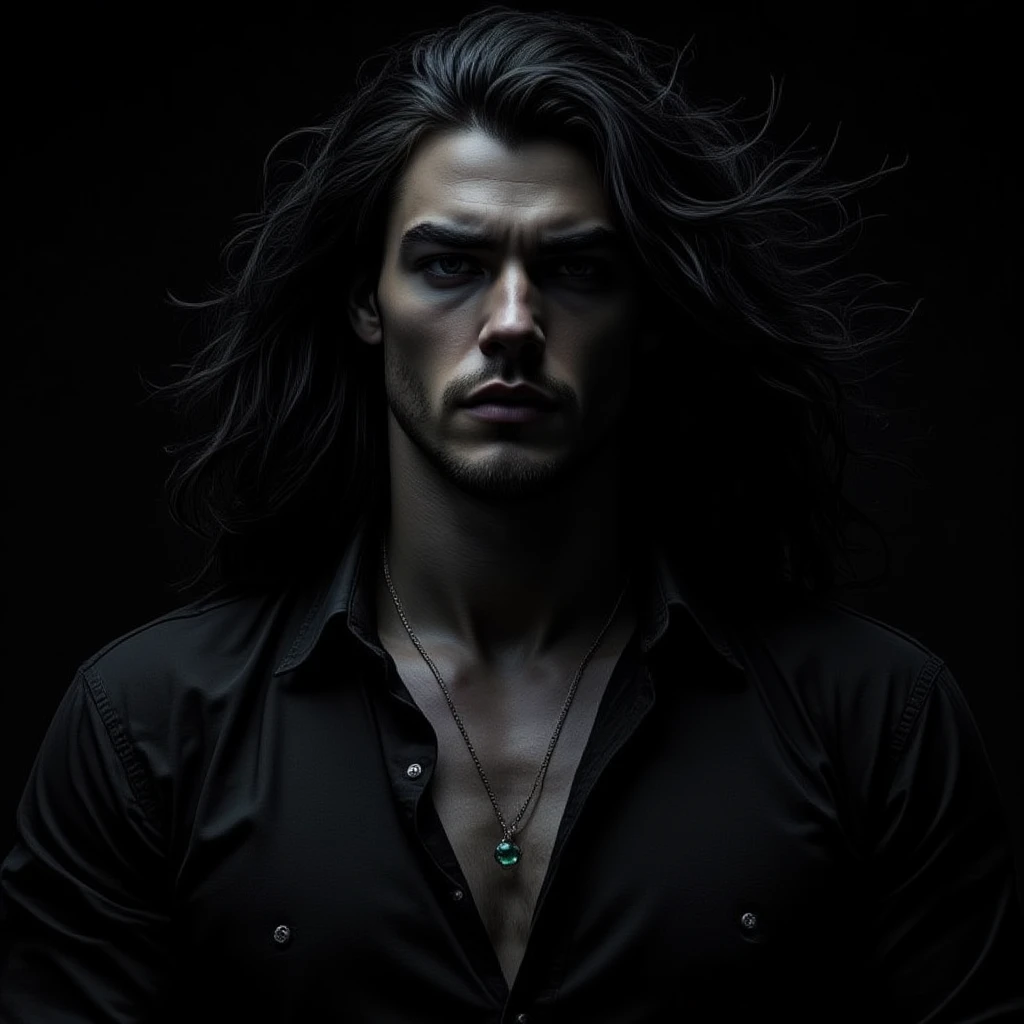 (Extreme close-up, black and white, side-profile photograph) of a man with (very long black hair that is wild, flowing in the wind, he has an intense and focused expression). He wears a (black button-up shirt with a few silver buttons undone), each detail catching subtle highlights, adding depth to the darkness. He wears a necklace featuring a (delicate emerald gemstone pendant). (His chiseled features are accentuated by shadows, emphasizing a strong, stoic gaze). The (background is pitch black, making him the focal point), with a dramatic, cinematic lighting style enhancing the raw intensity of the scene.