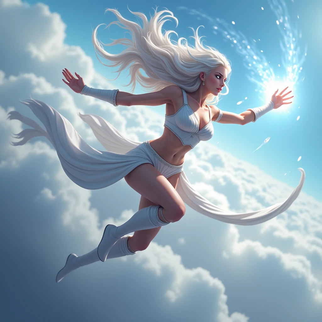 a woman with white hair, bikini branco, white skirt, red high heel sandal, with the letter Y of blue fire and the number 7 of blue fire in the hands floating in the sky.