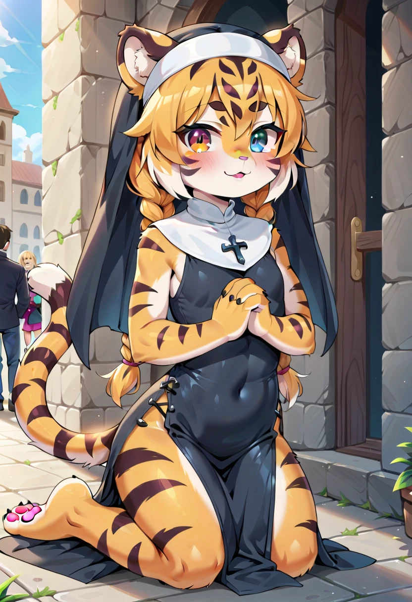 masterpiece, high resolution, best quality, (furry tiger girl, baby body, baby height, flat chest, animal face, animal skin, animal fur, tiger ears, tiger tail), heterochromia, multicolored hair, twin braids, piercing, makeup, tattoo, kneeling, praying in front of the altar, nun dress, public