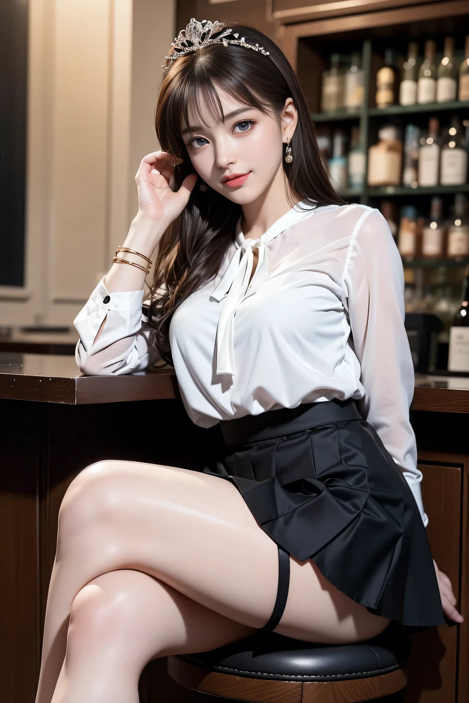 (detailed girl face,Detailed colored eyelashes,detailed gold lips gloss,detailed blush,detailed pearl earrings,Detailed light blue iris,heavy breathe,detailed blonde eyebrow )  <lora:[model]BeautyNwsjMajic2-01:0.7><lora:tutuzz_MAKE_UP:0.3>
(masterpiece, best quality, highres,focus on face,look at viewer,close up,from beside below  ,mid body shot:1.2), (photorealistic:1.2), (film grain:1.3), (morbid light:1.2), , raw photo,((strikingcore)),
1 Japanese kpop idol 27 years old striking girl,triangle face shape,(muscular,wide hips,slim waist,big breasts,Slim legs,,detailed legs,detailed arms,slim waist,slender body seductive,:1.2)
(brown stylish medium hair with bangs,updo:1.5)
(tight Black office lady suit,Black mini Tight skirt,black pantyhose,neck tie,white shirt under suit :1.3)(Pervert mood face,mouth open,tears:1.4),
(Cross Leg sitting ,Tokyo Midnight Liquor bar,sitting on stool,:1.5)
long eyelash, narrow eyebrow, big eye, wide pelvis,heavy heart beat
, (sharp), sparking bokeh,long explosure, , rim lighting, two tone lighting, dimly lit, low key, (hdr,bokeh:1.4), , (, soothing tones,smooth pale skin:1.3),, morbid
<lora:epi_noiseoffset2:1>
<lora:[tool]breastsizeslideroffset:0.2>
<lora:naughty_to_nice_v3:-1.5>
<lora:picxer_real:0.8>