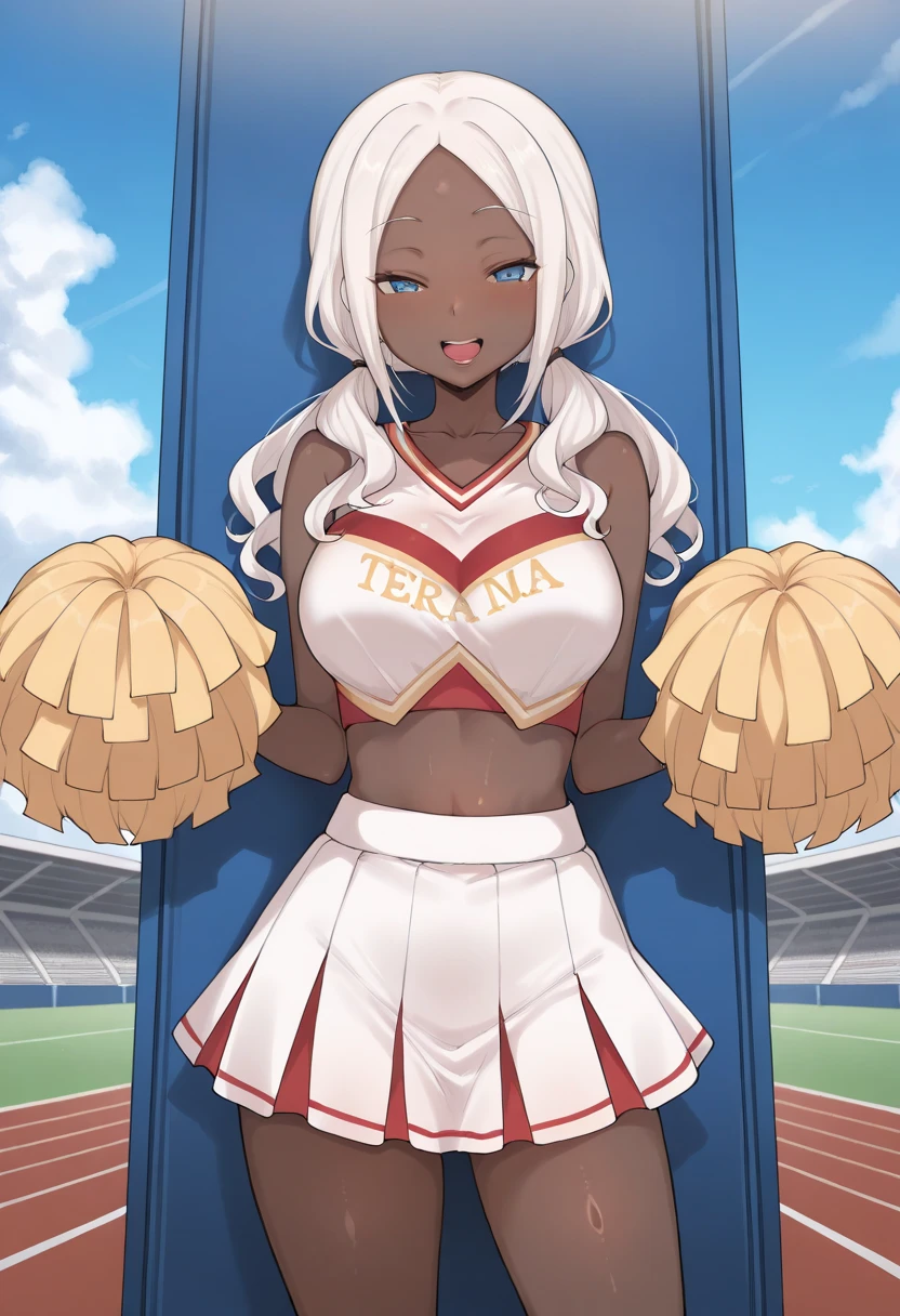 <lora:PhrygiaOrnstein_UG_v01:0.8> phrygia_0rnstein, horns, dark-skinned female, dark skin, white hair, blunt bangs, very long hair, 1girl, huge breasts, lips, hair intakes, orange eyes, slit pupils, head chain, buruma, gym uniform, high ponytail, running, jogging, track field, knee socks, sweat, sweaty, shiny skin, open mouth