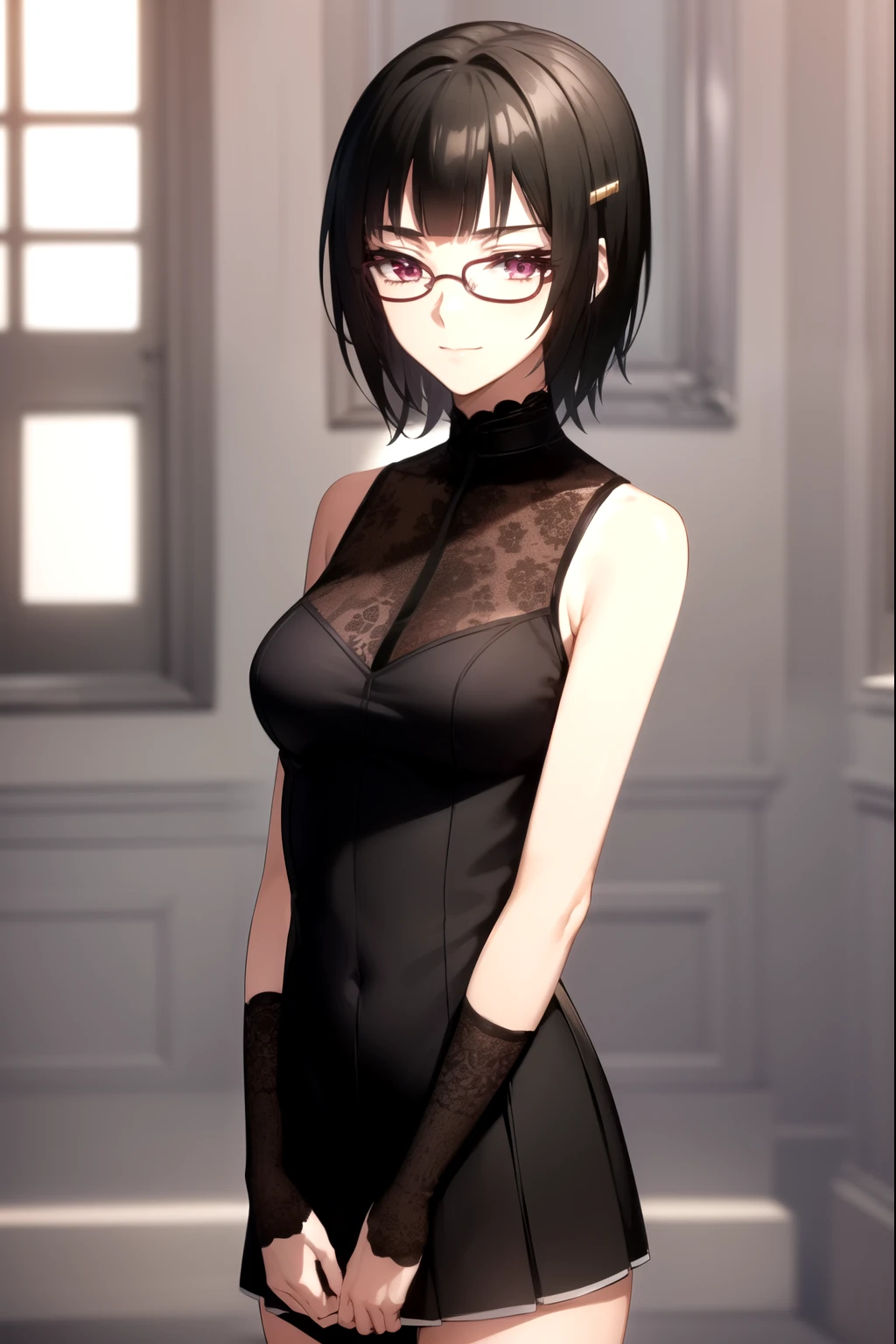 sounasitri, souna sitri,  short hair ,  black hair ,  hair ornament , glasses, hairclip, blows, blunt blows, ( purple eyes:1.1),
( masterpiece:1.2),  The best quality,  High resolution, 8K Wallpaper, ( illustration:0.8), ( detailed and beautiful eyes :1.6),  extremely detailed face , Perfect lighting,  extremely detailed cg , (manos perfectas,  perfect anatomy),  masterpiece ,  The best quality, highres, aajusticia , long hair,  black hair,  dark skin, tan,  bare shoulders,  black dress,  session,  crossed legs , smile irónica, smile, inside