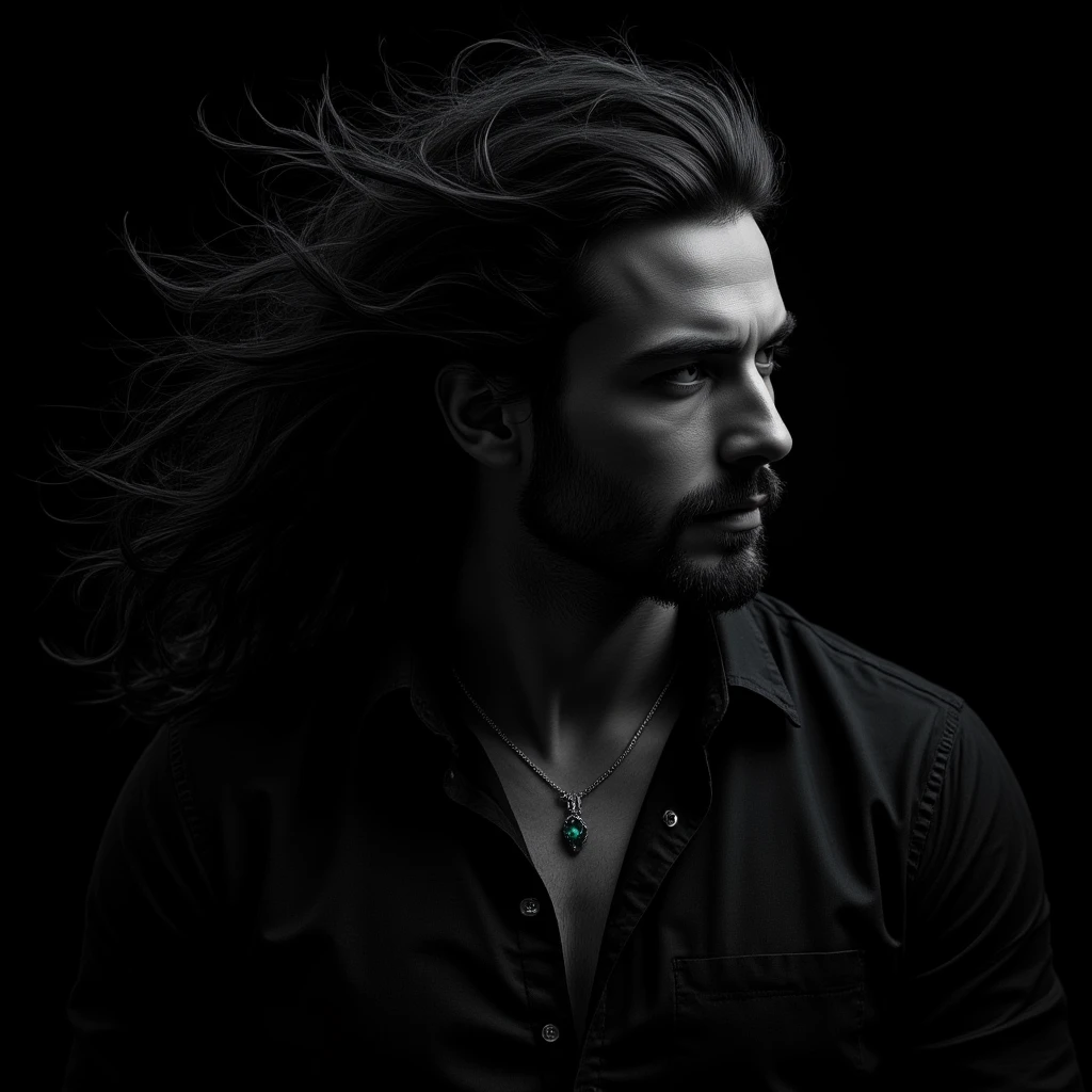 (Extreme Close-up black and white portrait, side-profile) of a man (with very long black hair that is wild, flowing in the wind, he has an intense and focused expression). He wears a (black button-up shirt with a few silver buttons undone), each detail catching subtle highlights, adding depth to the darkness. He wears a necklace featuring a (delicate emerald gemstone pendant). (His chiseled features are accentuated by shadows, emphasizing a strong, stoic gaze). The (background is pitch black, making him the focal point), with a dramatic, cinematic lighting style enhancing the raw intensity of the scene.