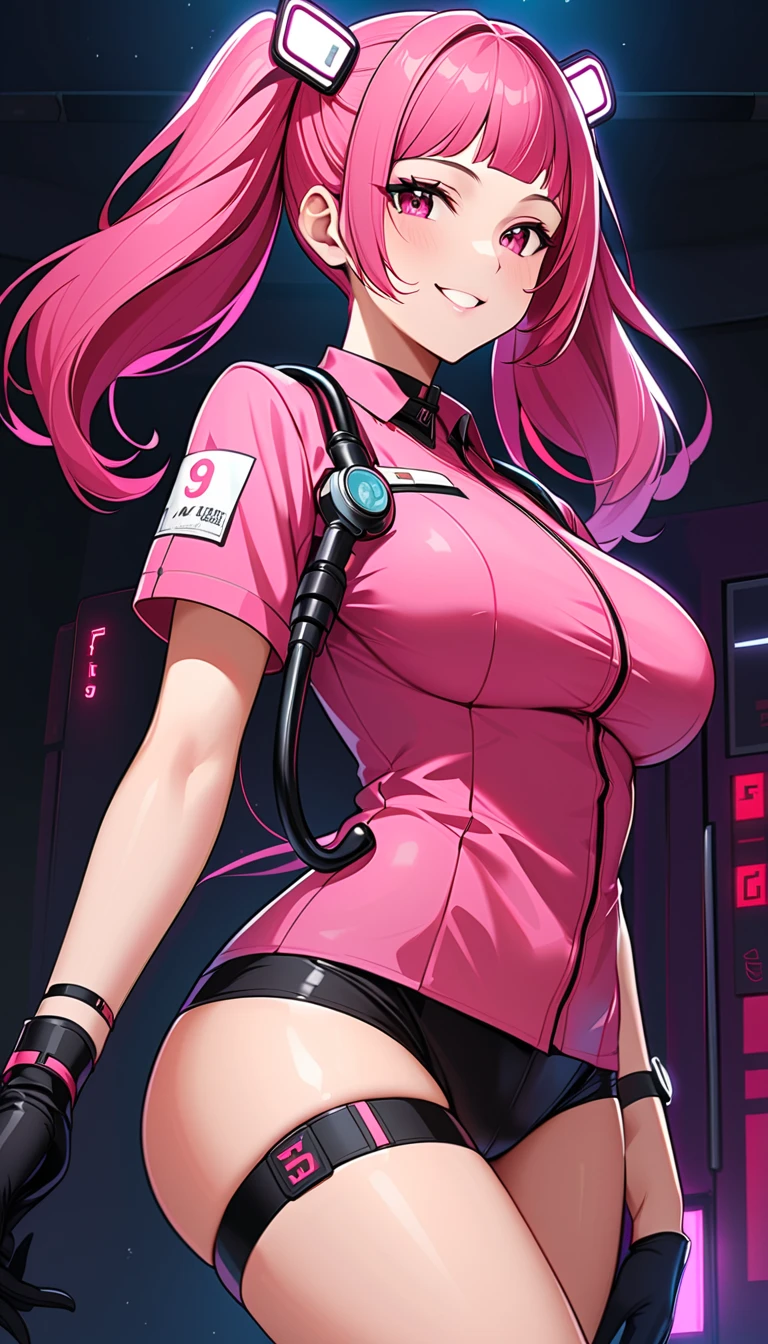 score_9, score_8_up, score_7_up, score_6_up, score_5_up, score_4_up,Cyberpunk nurse, modern style, pink nurse uniform, black stockings and girdle, attractive body, 26-year-old girl, mischievous smile, ward, stethoscope, approaching the viewer, faint candle flame in the dark, arms behind,
(high definition),(masterpiece), (realistic), (attention to detail), (sharp focus),(highest quality), (detailed skin), (exquisite detail), (8k),