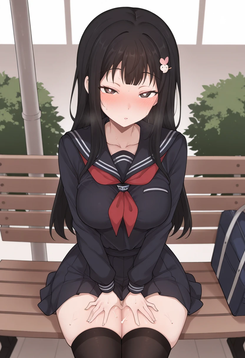 (masterpiece, best quality:1.2), TerasuMC,  girl sitting in a bench, hands on thighs, long black hair, school uniform, skirt, black thighhighs, cute hair ornament, bright pupils, blush, medium breasts, narrow waist, wide hips, thick thighs, looking at viewer, cowboy shot, dynamic pose, cute, wide shot, solo, sexually suggestive, naughty face, blush, (ultra-detailed), very aesthetic, newest, safe, amazing quality, very aesthetic, absurdres, newest, scenery, 