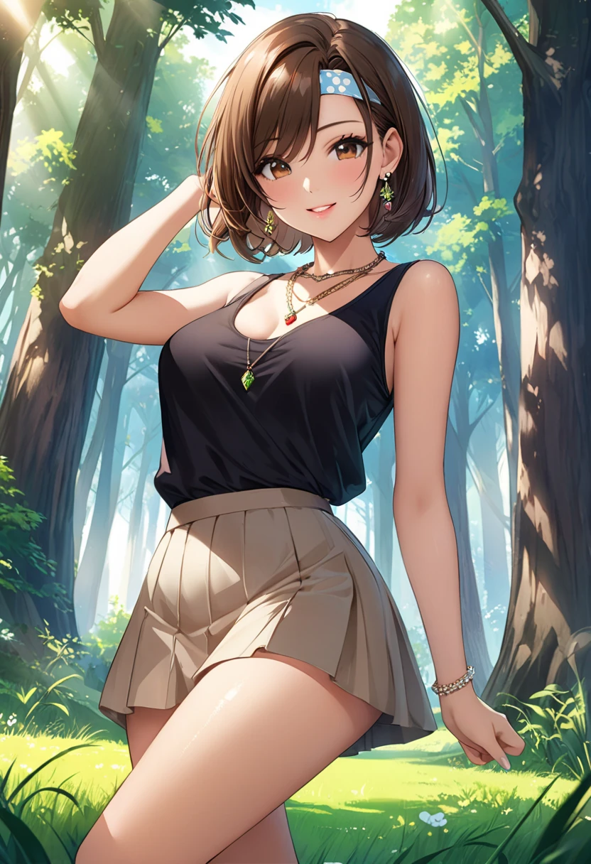 1girl, cheerful, brown hair, dark green eyes, dark green underwear, undressed, spruce forest, sexy