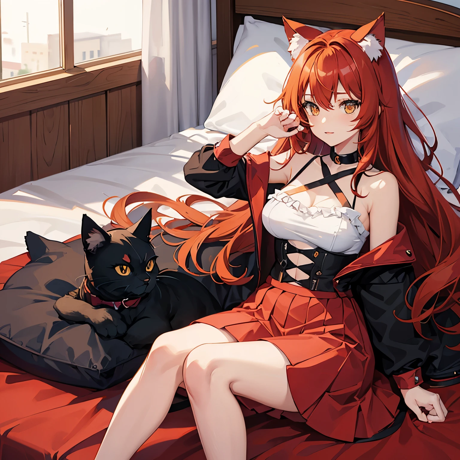anime, red hair, messy hair, black top with criss cross straps, toned legs, athletic legs, a woman in a red skirt and a cat ears is laying on a bed, pillows, blankets, seductive anime girl, holo is a wolf girl, beautiful anime catgirl, anime catgirl, very beautiful anime cat girl, anime girl with cat ears, anime cat, cute anime catgirl, realistic anime cat, a hyperrealistic schoolgirl, rin, (anime girl)