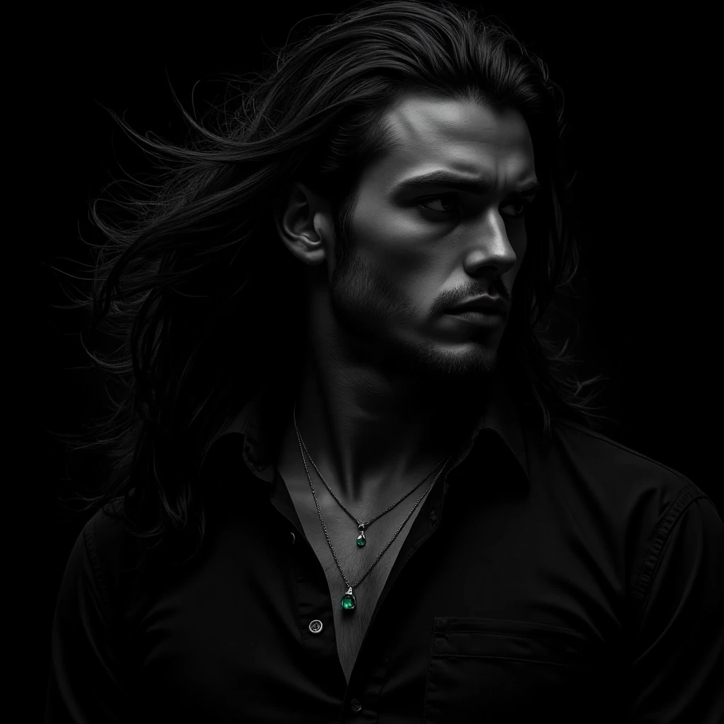 (Extreme Close-up black and white portrait, side-profile) of a man (with very long black hair that is wild, flowing in the wind, he has an intense and focused expression). He wears a (black button-up shirt with a few silver buttons undone), each detail catching subtle highlights, adding depth to the darkness. He wears a necklace featuring a (delicate emerald gemstone pendant). (His chiseled features are accentuated by shadows, emphasizing a strong, stoic gaze). The (background is pitch black, making him the focal point), with a dramatic, cinematic lighting style enhancing the raw intensity of the scene.